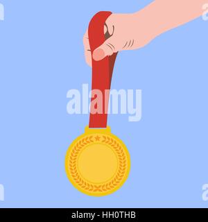 Gold medal champion in the hand. illustration, icon flat Stock Vector