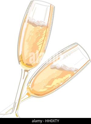 Two glasses with champagne, isolated on a white background, vector illustration. Stock Vector