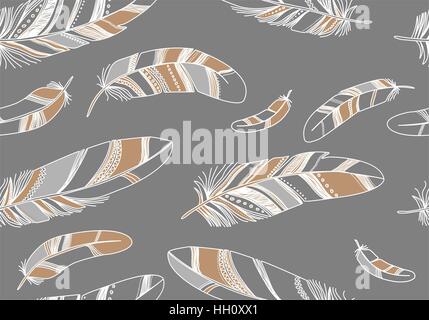 Seamless pattern with beige contour feathers on a gray background. Stock Vector