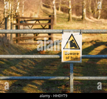 Beware of Bull sign on gate Stock Photo