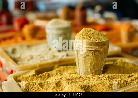 The Wide Range Of Multicolored Powdered Spices, Fragrant Seasoning, Condiment At The Showcase Of East Market, Bazaar For Sale. Close, Copyspace. Stock Photo