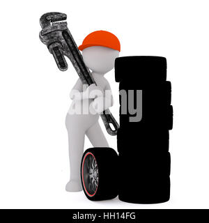 3D figure of faceless man mechanic in red cap with giant wrench and pile of tyres, isolated on white Stock Photo