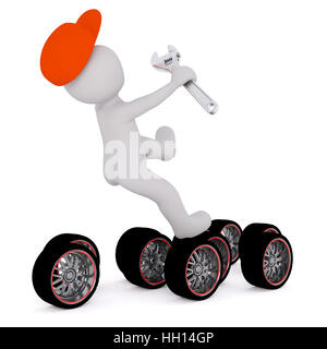Faceless cartoon 3D man in red cap with wrench falling back slipped on car wheels. Isolated on white background Stock Photo