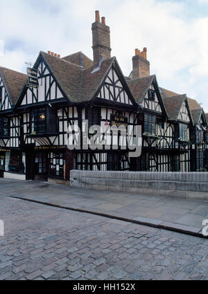 During the C16th-17th these Tudor half-timbered cottages beside the Stour at Canterbury, Kent, were home to Flemish & Huguenot weavers. Stock Photo