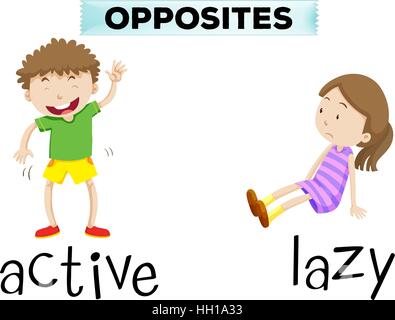 Opposite words for active and lazy illustration Stock Vector