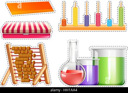 Different school equipments sticker set illustration Stock Vector