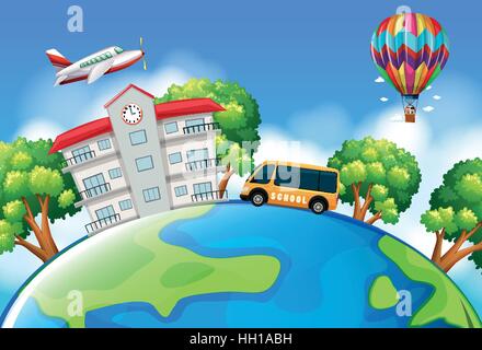 Schoolbus and building on earth illustration Stock Vector