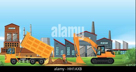 Two construction trucks working in the factory field illustration Stock Vector