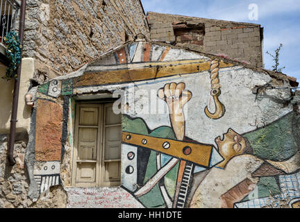 Political mural, work accident, artist Francesco del Casino, cubism, Orgòsolo, Province of Nuoro, Sardinia, Italy Stock Photo