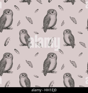 Hand drawn isolated  black white seamless pattern owl fly bird. Stock Photo