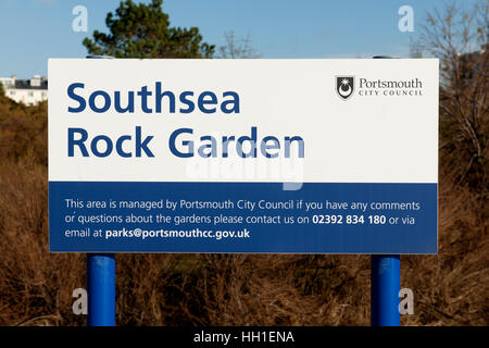 Sign for Southsea Rock Garden, Southsea, Portsmouth, Hampshire, England, UK. Stock Photo