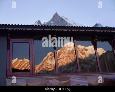 Annapurna South Reflected in Window from Machhapuchhre Base Camp (MBC) in the Annapurna Sanctuary, Himalayas, Nepal, Asia. Stock Photo