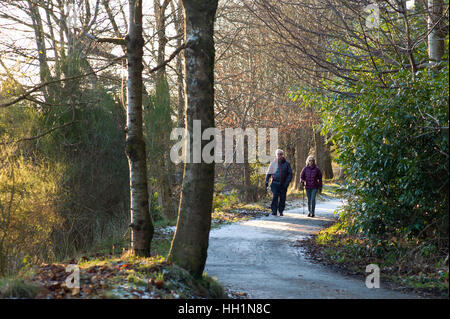 Walkers  on the Deeside way at Cults, Aberdeen. Former Royal Deeside Railway line running from Aberdeen to Ballater in Scotland Stock Photo