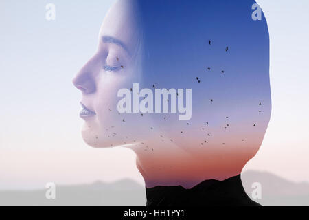 Double exposure portrait of sensual woman face and smoke silhouette ...
