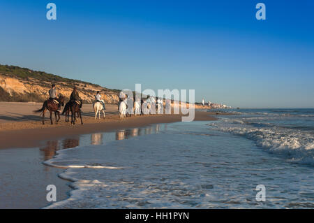 Equestrian tourism on the beach, Donana Natural Park, Matalascanas, Huelva province, Region of Andalusia, Spain, Europe Stock Photo