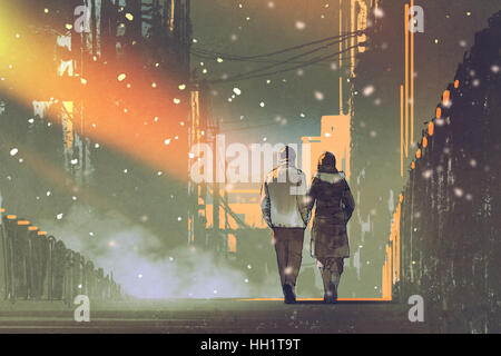 couple in love walking on street of city,illustration painting Stock Photo