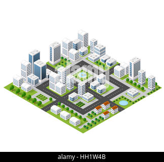 Flat isometric map, landscape city, building skyscraper, picture of the nature, parks, cafe, landmarks. 3d top view block dormitory area Stock Photo