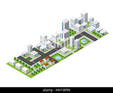 Flat isometric map, landscape city, building skyscraper, picture of the nature, parks, cafe, landmarks. 3d top view block dormitory area Stock Photo