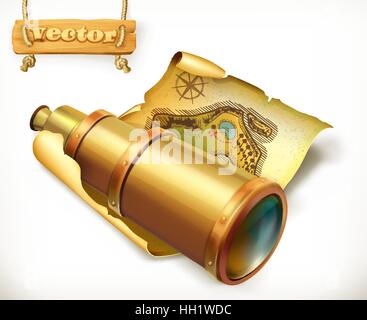 Map and spyglass. Adventure 3d vector icon Stock Vector