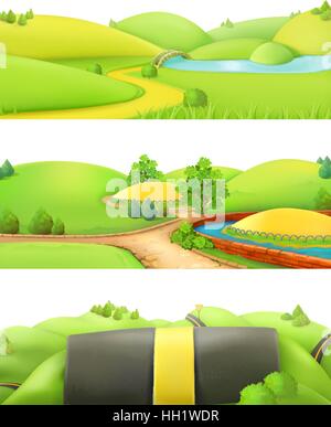 Nature landscape. Park and outdoor. Cartoon game background. 3d vector set Stock Vector