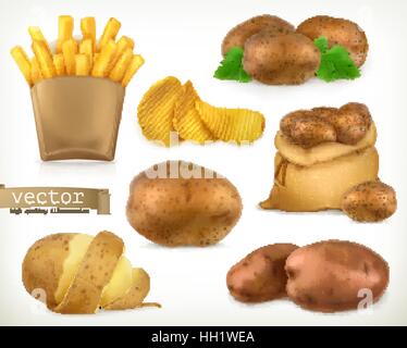 Potato and fry chips. Vegetable 3d vector icon set Stock Vector