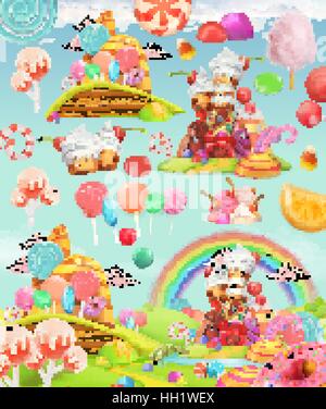 Sweet candy land. Cartoon game background. 3d vector icon set Stock Vector