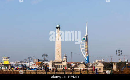 Naval War Memorial, Southsea, and the Emirates Spinnaker Tower, Portsmouth, Hampshire, southern England