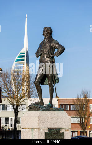 Statue of Admiral Lord Nelson in Grand Parade, Old Portsmouth, Hampshire, southern England with the Emirates Spinnaker Tower Stock Photo