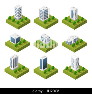 3D isometric city icons with houses and skyscrapers in the three-dimensional projection Stock Photo