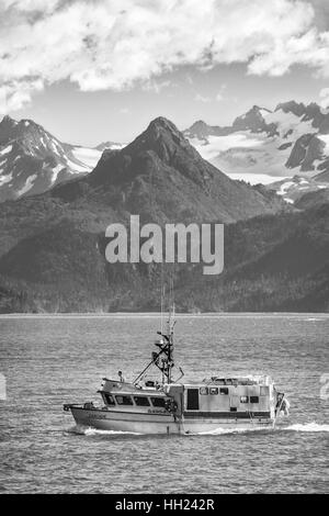 Charter boat ocean salmon fishing in morning fog at Duval Point BC ...