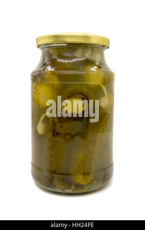 Pickled cucumbers in jar isolated on white Stock Photo