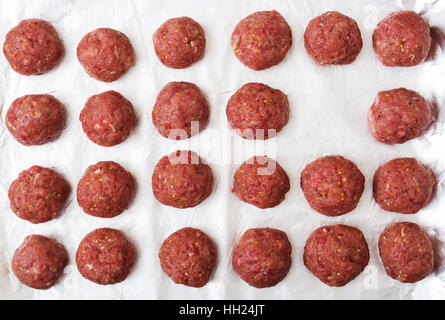 Raw beef meatballs are ready to cook. Flat lay. Top view Stock Photo