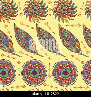 Ethnic seamless pattern with feathers and circles. Stock Vector