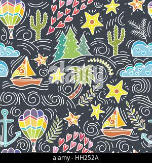seamless pattern with cactus, palm trees, ship anchor Stock Vector