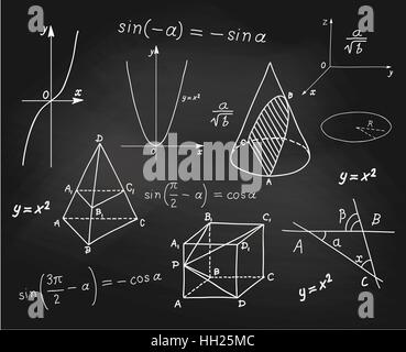 Mathematics - geometric shapes and expressions sketches on school board Stock Vector
