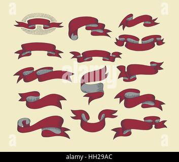 hand drawing ribbon set in engraving old vintage style design el Stock Vector
