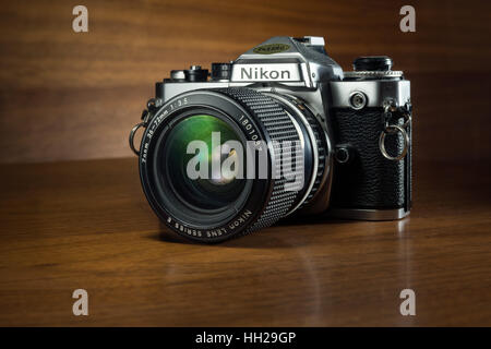 A classic, collectible Nikon FE 35mm SLR film camera from the early 1980's Stock Photo