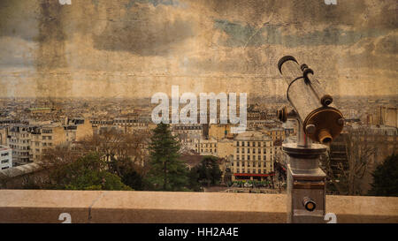 Aerial view of Paris with telescope in the foreground in vintage look Stock Photo