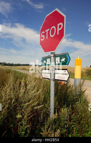 Signs at a tank crossing on Salisbury Plain military training area. Stock Photo