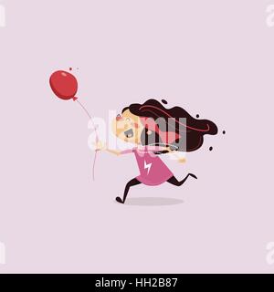 children s vector illustration. Little girl running, holding a balloon in the hands and terribly happy Stock Vector