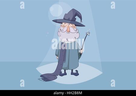 children s vector illustration. Good wizard holding a magic wand in his hand and smiling on blue background Stock Vector