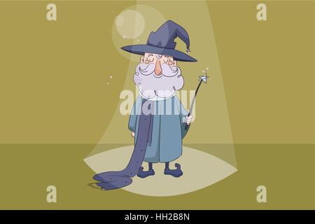 children s vector illustration. Good wizard holding a magic wand in his hand and smiling on yellow background Stock Vector