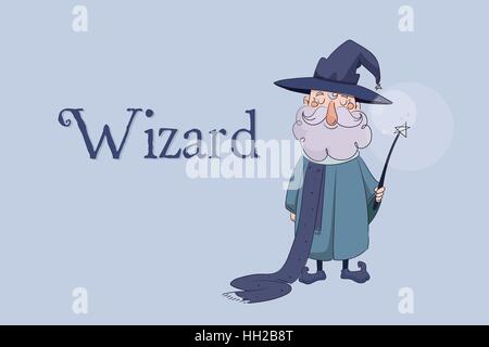 children s vector illustration. Good wizard holding a magic wand in his hands and smiling with the words Stock Vector