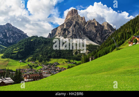 overview of Corvara in Badia town and Sassongher mount, south Tyrol, Italy Stock Photo