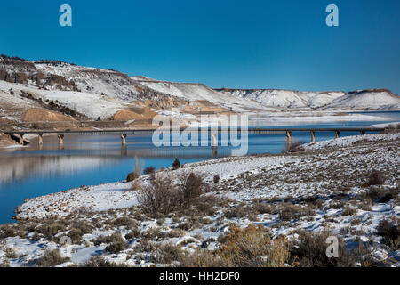 Sapinero, Colorado - The U.S. Highway 50 bridge over Blue Mesa Reservoir in Curecanti National Recreation Area. The reservoir was created by damming t Stock Photo