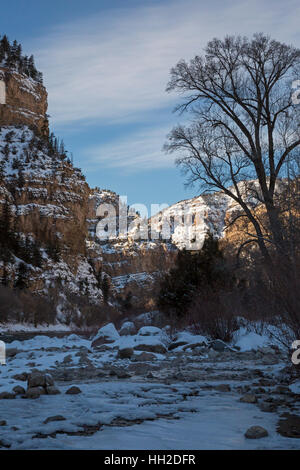 Glenwood Springs, Colorado - The Colorado River runs through Glenwood Canyon on a cold winter day. Stock Photo