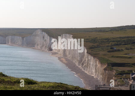 Seven Sisters chalk cliffs in Sussex.Taken on an early summers day of this panorama of the Seven Sisters chalk cliffs in Sussex. Stock Photo