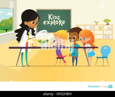 Smiling teacher and children looking through magnifying glass at green sprout during biology lesson in classroom. Preschool environmental education concept. Cartoon vector illustration for poster Stock Vector