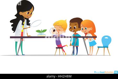 Female teacher demonstrates plant in flask, kids look through magnifier at it during botany lesson. Preschool educational activities and natural sciences education. Vector illustration for website Stock Vector