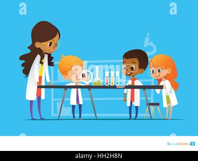 Female teacher demonstrates plant in flask, kids look through magnifier at it during botany lesson. Preschool educational activities and natural sciences education. Vector illustration for website Stock Vector